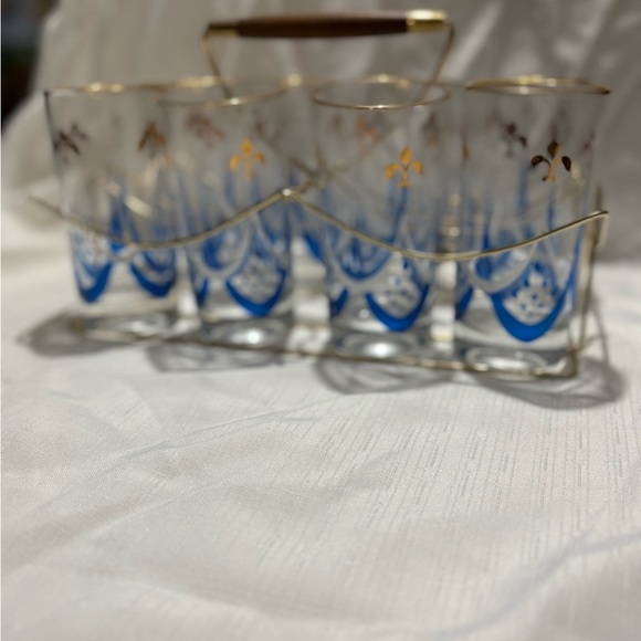 Vintage Elegant Gold and Blue Glass Set with Holder - Picture 2 of 9